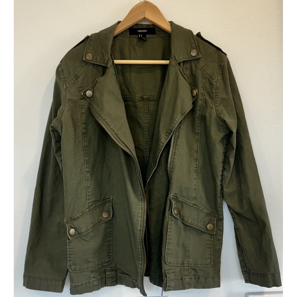 Forever 21 Olive Green Moto Utility Jacket Women's Small Cotton Military Grunge